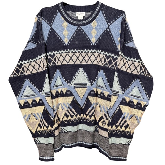 VTG Maglificio Florence Mens Large Geometric Knit Sweater Blue Abstract Bulgaria